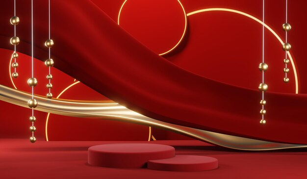 Renderización 3D del fondo en blanco del producto para cosméticos de crema Fondo de podio rojo moderno