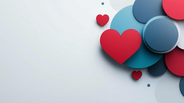 Renderización 3D de un fondo del Día de San Valentín con un corazón rojo y círculos azules sobre un fondo blanco
