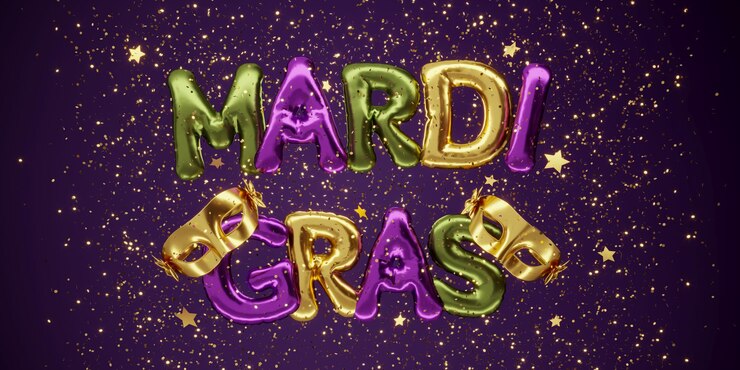 Renderización 3D de un fondo festivo de Mardi Gras con letras y máscaras de oro púrpura y verde