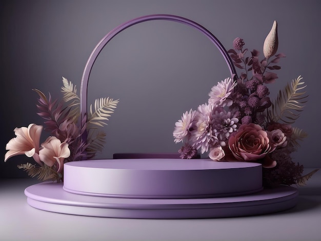 Renderización 3D de fondo de flores púrpura color violeta con podio de forma geométrica