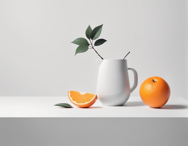 Renderización en 3D de un fondo naranja y blanco con una taza blanca sobre un fondo blanco Renderización en 3D de