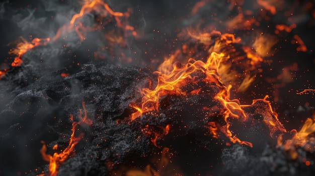 Renderización en 3D de fondo negro abstracto con fuegos ardientes