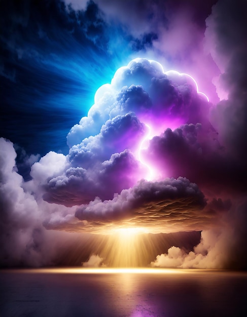 Renderización 3D de fondo de neón abstracto con nubes tormentosas que brillan con luz brillante