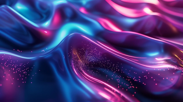 Renderización 3D de un fondo de neón iridescente holográfico oscuro vidrio líquido fluido onda curva en movimiento Elemento de diseño de gradiente para banderas, papeles de pared y cubiertas