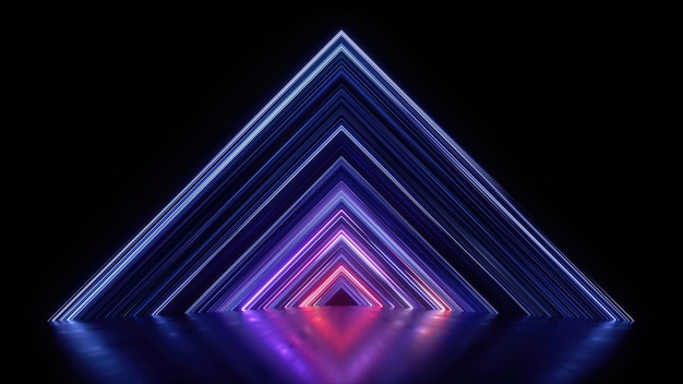 Renderización 3D de fondo panorámico abstracto con líneas de neón que brillan en una habitación oscura