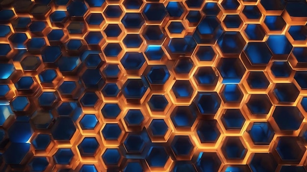 Renderización 3D del fondo con un patrón hexagonal azul brillante