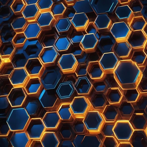 Renderización 3D del fondo con un patrón hexagonal azul brillante