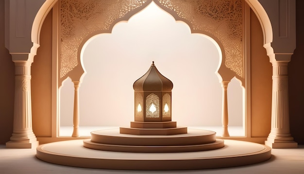 Renderización 3D del fondo de Ramadan Kareem con podio para la exhibición de productos