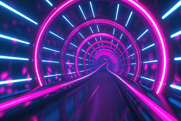 Renderización 3d Fondo de túnel abstracto hecho de rayas de neón rosa azul y cintas ascendentes