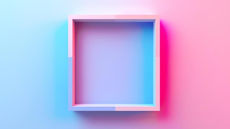 Foto renderización 3d de una forma geométrica simple un marco cuadrado con un gradiente rosa y azul de neón brillante sobre un fondo rosa y azul pastel
