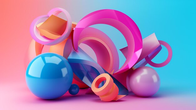Renderización 3D de formas geométricas coloridas Fondo abstracto con esferas cilindros y anillos