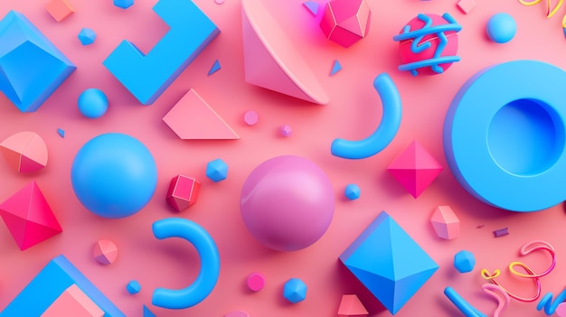 Renderización 3D de formas geométricas coloridas en un fondo rosado Las formas son esferas cubos conos y cilindros