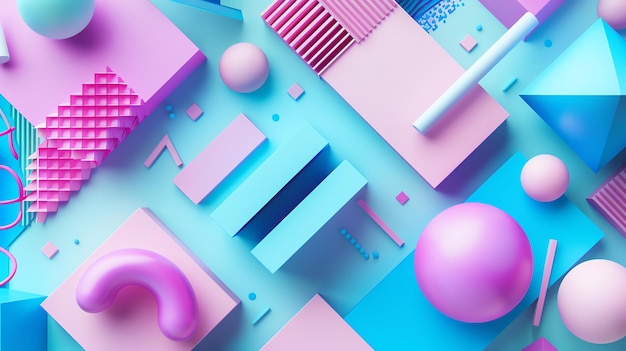 Foto renderización 3d de formas geométricas esferas azules y púrpuras rosas cubos y otras formas dispuestas en una composición visualmente agradable