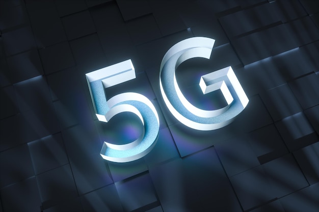 Renderización 3D de fuente 5g y fondo de circuito