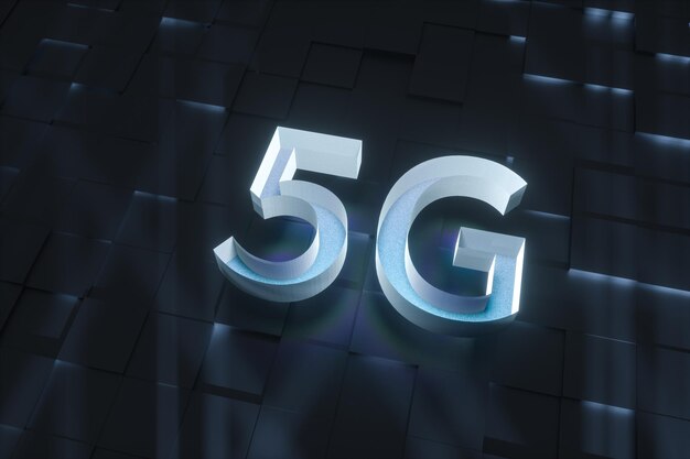 Renderización 3D de fuente 5g y fondo de circuito