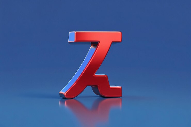 Foto renderización 3d de fuente metálica roja brillante sobre fondo azul con reflexión