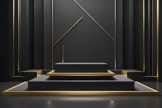 Renderización 3D de la geometría del podio negro con elementos dorados