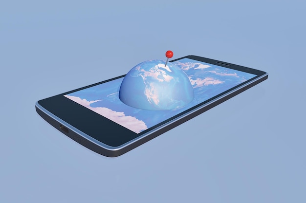 Renderización 3D del globo con un puntero que aparece en una pantalla de teléfono móvil en el escenario azul