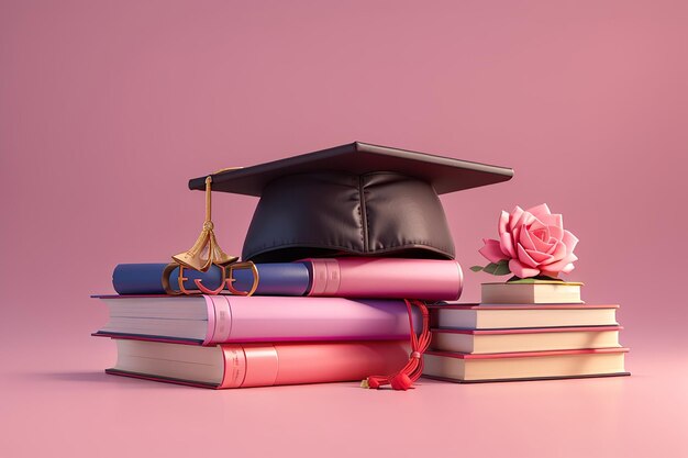 Renderización 3D de la gorra de graduación y los libros en fondo rosa