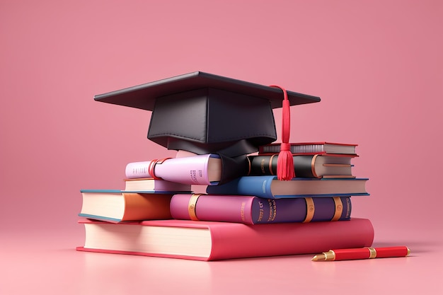 Renderización 3D de la gorra de graduación y los libros en fondo rosa