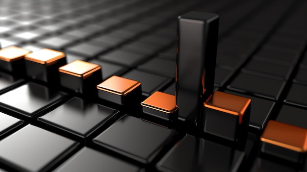 Renderización 3D de un gráfico de barras con una sola barra que sobresale Las barras están hechas de material negro y de color cobre
