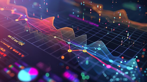 Foto renderización 3d de un gráfico financiero con partículas brillantes el gráfico muestra una tendencia descendente