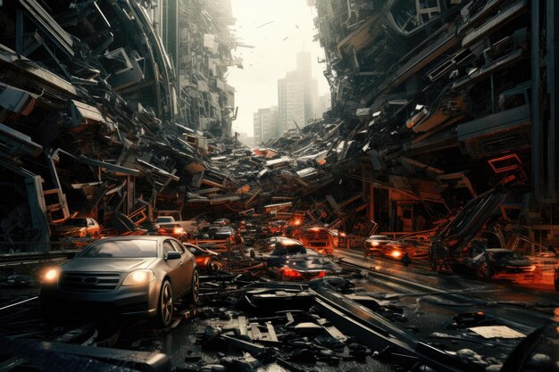 Renderización 3D de una gran ciudad con muchos coches rotos colapso del tráfico caos de la ciudad futurista generado por IA