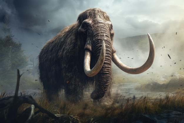 Renderización en 3D de un gran mamut de pie en el borde de un lago Mamut prehistórico generado por la IA