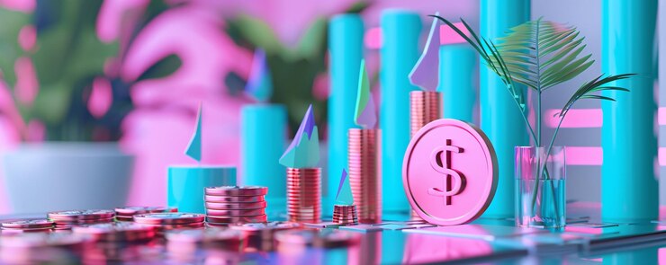 Renderización 3D de una gran moneda de dólar rosa que aumenta de valor con gráficos en expansión en el fondo