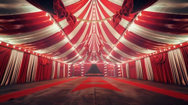 Foto renderización 3d de una gran tienda de circo con colores rojos y blancos que se mezclan con la iluminación