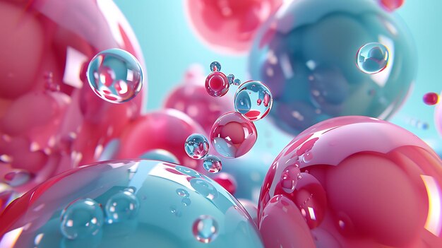 Renderización 3D de un grupo de esferas brillantes de varios tamaños con una superficie reflectante y un gradiente de colores rojo y azul