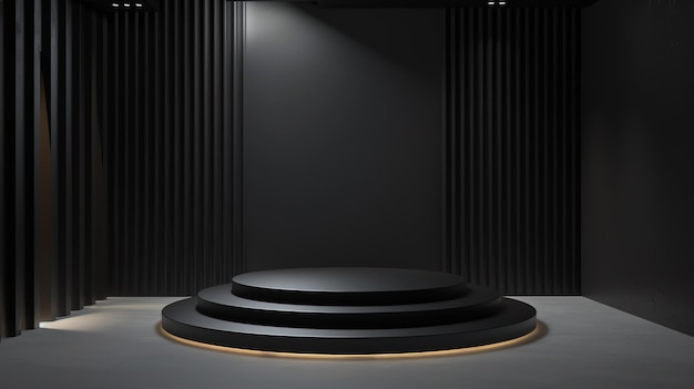 Renderización 3D de una habitación oscura y vacía con un reflector brillando en un escenario redondo en el centro