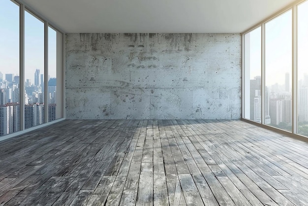 Renderización 3D de una habitación vacía con piso de madera, pared de hormigón y vista del horizonte