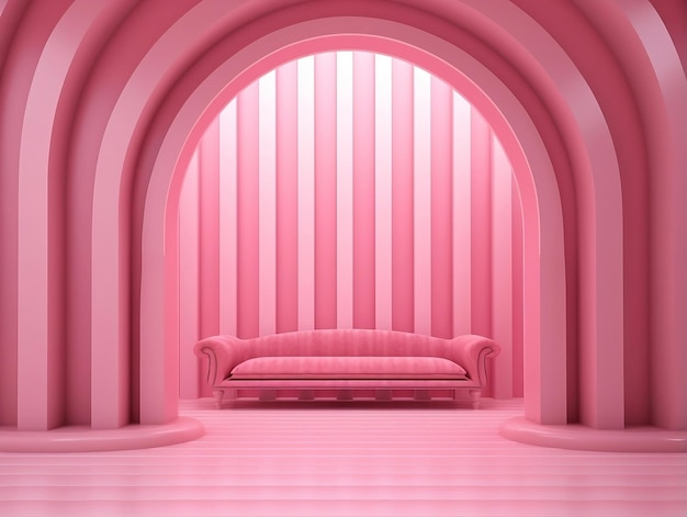 Renderización 3D de una habitación vacía de rayas rosadas con una ventana abierta