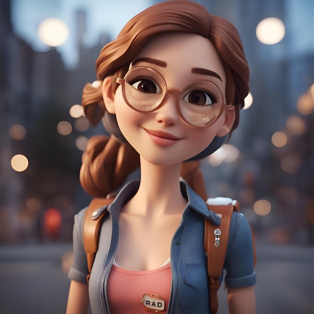 Foto renderización en 3d de una hermosa adolescente con gafas y una mochila