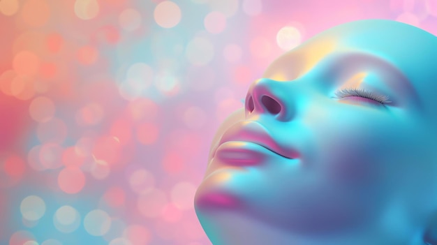 Foto renderización 3d de una hermosa cara de mujer con los ojos cerrados la cara está iluminada por una luz suave y el fondo es un rosa y azul borroso