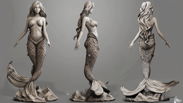 Foto renderización 3d de una hermosa sirena con cabello largo y escamoso y cola escamosa