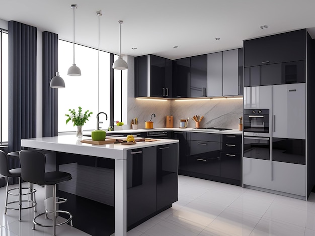 Foto renderización 3d hermoso interior de la cocina moderna