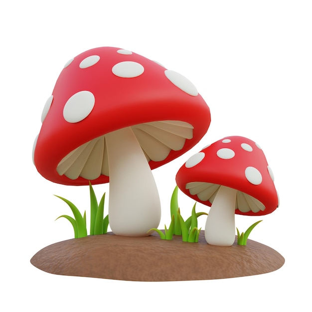 Renderización en 3D de hongos y césped en un fondo blanco