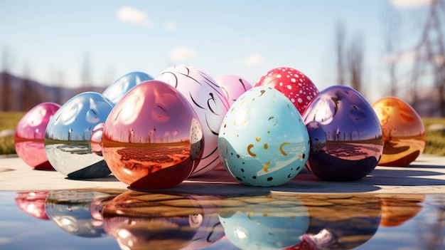 Renderización en 3D de huevos de Pascua y discurso en blanco de un lado