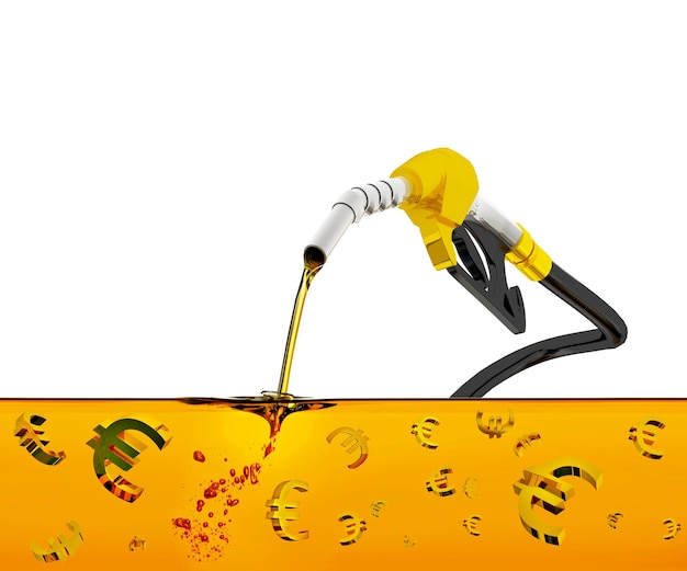 Renderización 3D del icono de dinero en euros Boquilla que bombea gasolina en un tanque de combustible Boquilla de vertido