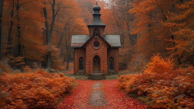 Renderización 3D de una iglesia en el bosque de otoño con hojas de naranja IA generativa