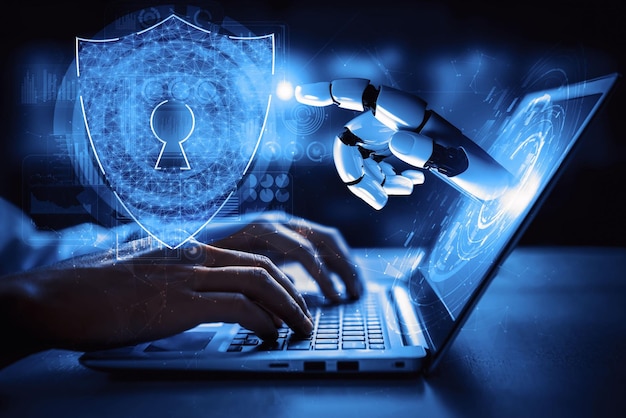 Renderización 3D de inteligencia artificial Investigación de IA de robots y desarrollo de cyborg para el futuro de las personas que viven Minería de datos digitales y diseño de tecnología de aprendizaje automático para el cerebro de la computadora