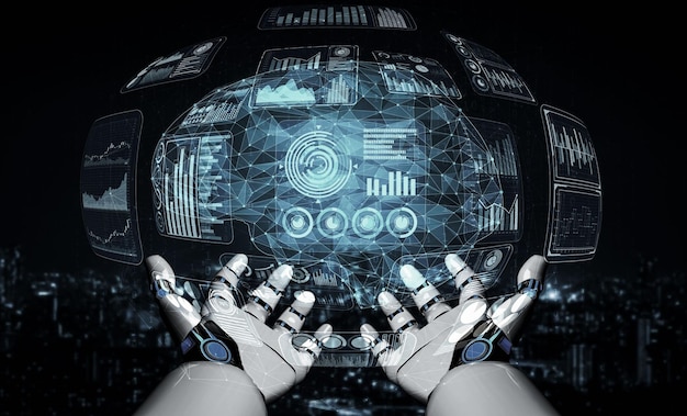 Renderización 3D de inteligencia artificial Investigación de IA de robots y desarrollo de cyborg para el futuro de las personas que viven Minería de datos digitales y diseño de tecnología de aprendizaje automático para el cerebro de la computadora