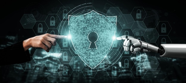 Renderización 3D de inteligencia artificial Investigación de IA de robots y desarrollo de cyborg para el futuro de las personas que viven Minería de datos digitales y diseño de tecnología de aprendizaje automático para el cerebro de la computadora