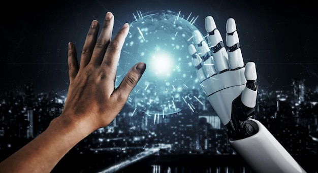 Renderización 3D de inteligencia artificial Investigación de IA de robots y desarrollo de cyborg para el futuro de las personas que viven Minería de datos digitales y diseño de tecnología de aprendizaje automático para el cerebro de la computadora