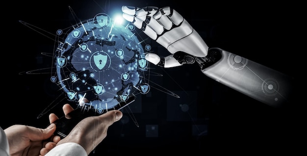 Renderización 3D de inteligencia artificial Investigación de IA de robots y desarrollo de cyborg para el futuro de las personas que viven Minería de datos digitales y diseño de tecnología de aprendizaje automático para el cerebro de la computadora