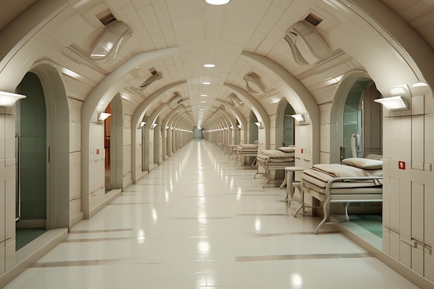 Renderización en 3D del interior de una sala psiquiátrica con equipo médico