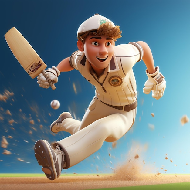 Renderización en 3D de un jugador de cricket en acción