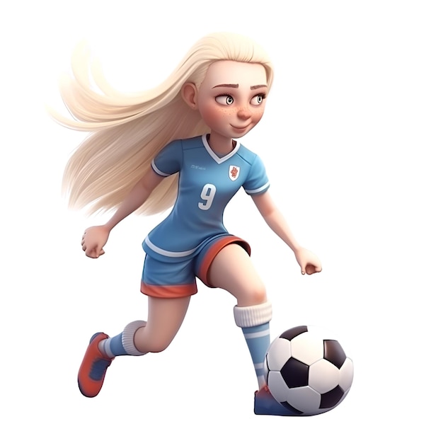 Renderización 3D de una jugadora de fútbol de dibujos animados aislada sobre un fondo blanco